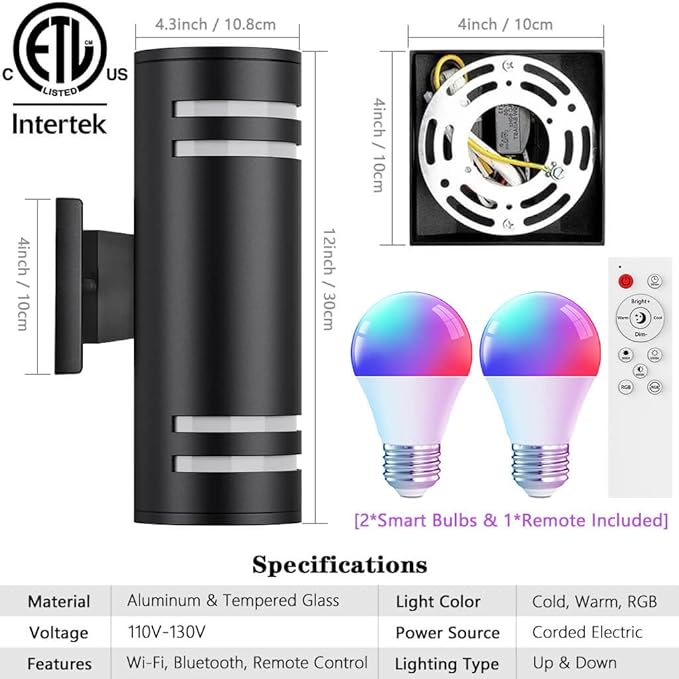 KIZON Modern RGBCW Outdoor Sconce Color Changing, Dimmable Porch Light, Black, 4x4x12 inches, App Control with Remote, Compatible with Alexa Google Assistant, ETL Listed