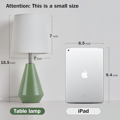 Small Bedside Table Lamp for Bedroom - Reading Desk Lamp with 3 Color Temperatures，15.5" Nightstand Ceramic Lamp with Fabric Shade for Kids Room,Living Room,Dorm,Home Office (Green+White)