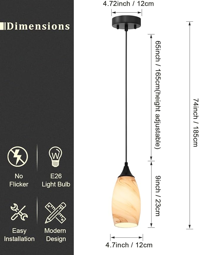 ANYLOVE Vintage Art Brown Stripe Pendant Lighting,1-Pack Hand Glass Hanging Light Fixture,Adjustable Cord for Kitchen,Hallway,Dining Room
