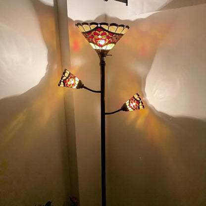 Bieye L10868 Tiffany Style Stained Glass 3-Light Torchiere Floor Lamp with Sidelights for Reading, 70-inches Tall (Baroque, Red)
