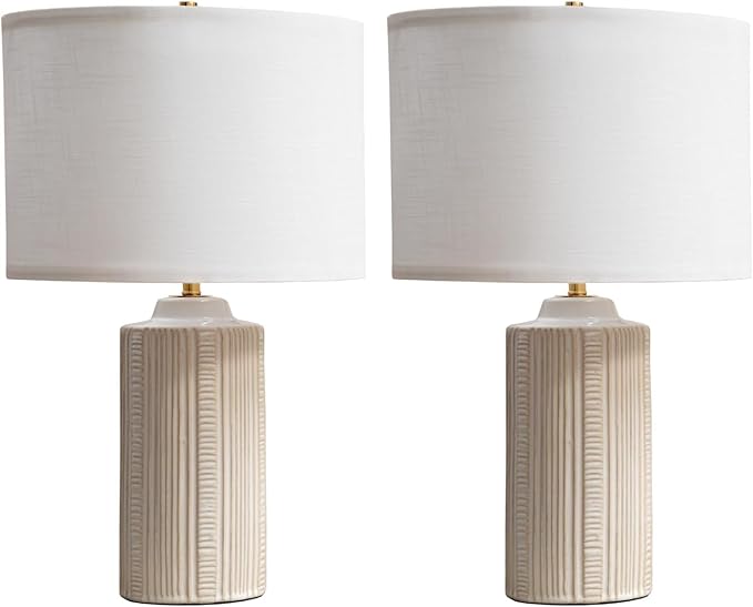23" Ceramic Table Lamps Set of Two, White Ceramic Desk Lamps for Living Room, Farmhouse Bedside Lamps for Bedroom Decor, Beige Nightstand End Table Lamps
