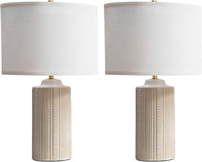 23" Ceramic Table Lamps Set of Two, White Ceramic Desk Lamps for Living Room, Farmhouse Bedside Lamps for Bedroom Decor, Beige Nightstand End Table Lamps