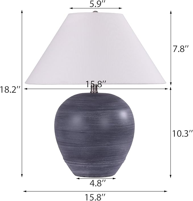 Farmhouse Ceramic Table Lamp Set of 2, 18" Rustic Table Lamp with Linen Shade, Bedside Nightstand Lamps for Bedroom, Living Room, E26 Socket, Black with White Striped