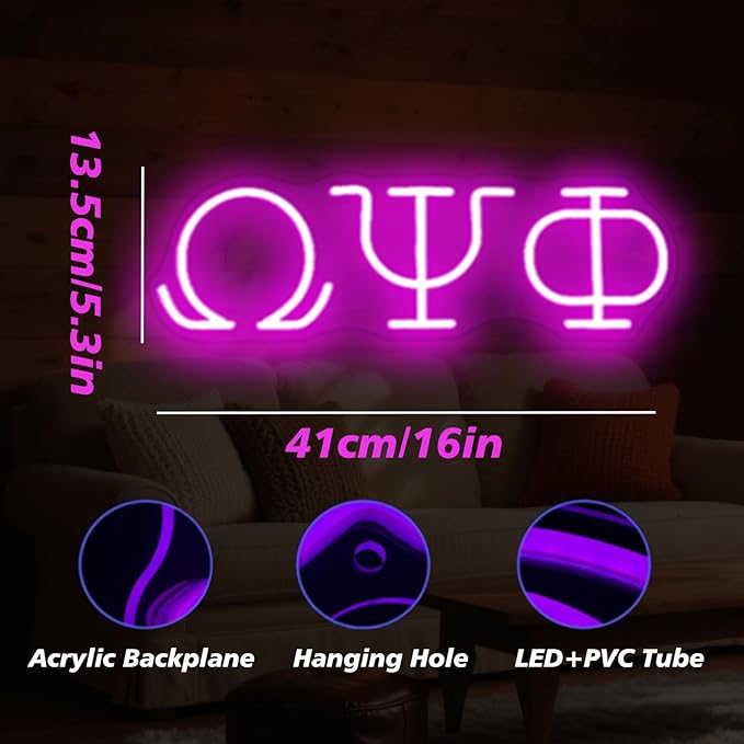 16in Psi Phi Fraternity Neon Sign, USB Dimmable Greek Lettering Psi Phi Neon Light Light Up Sign for Man Cave Bar Office Decor Omega Holiday Gifts