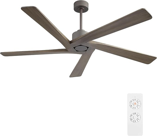WINGBO 54 Inch DC Ceiling Fan without Lights, 5 Reversible Carved Solid Wood Blades, 6-Speed Noiseless DC Motor, Ceiling Fan No Light with Remote, Graphite Finish with Gray Blades, ETL Listed