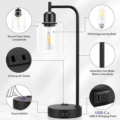 Industrial Touch Table Lamps for Bedrooms Set of 2 - 3-Way Dimmable Nightstand Lamps with USB C+A Ports and Outlet, Black Bedside Lamps with Glass Shade for Living Room, Desk Lamps for Home Office
