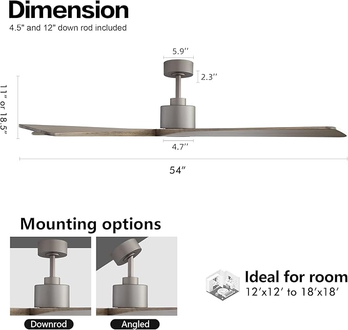 WINGBO 54 Inch DC Ceiling Fan without Lights, 5 Reversible Carved Solid Wood Blades, 6-Speed Noiseless DC Motor, Ceiling Fan No Light with Remote, Graphite Finish with Gray Blades, ETL Listed