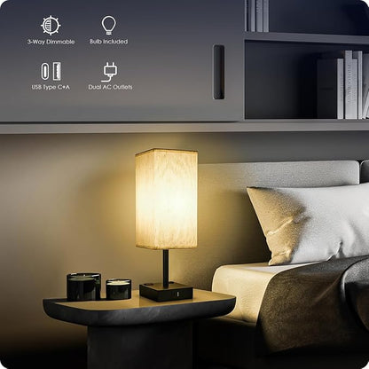 Soilsiu Bedside Table Lamp for Bedroom - Touch Small Lamp with USB C+A Charging Ports & AC Outlets, 3 Way Dimmable Nightstand Light for Living Room (LED Bulb Included, Flaxen)