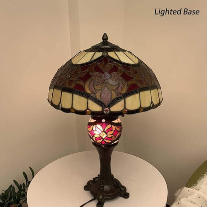 Bieye L10802 Baroque Tiffany Style Stained Glass Table Lamp Lighted Base for Living Room Bedside Home Decoration (16-inch, Red)