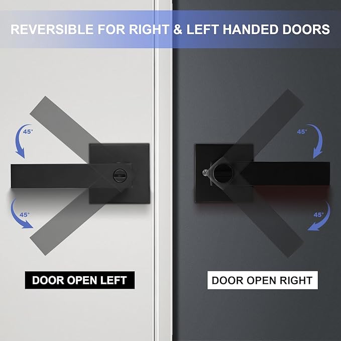 Privacy Interior Door Lever, Heavy Duty Matte Black Door Handles Square Door Knobs for Bedroom & Bathroom Keyless Door Lock Handles for Right & Left Sided Doors (1 Pack)