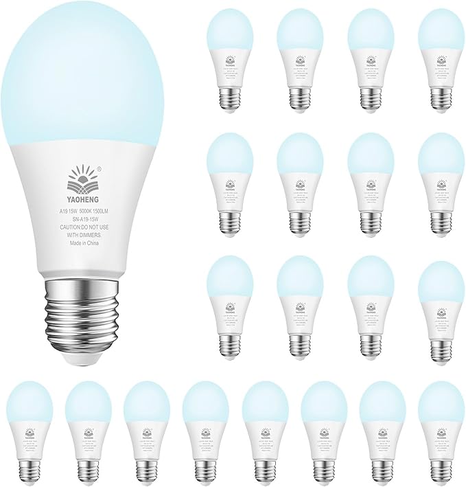 A19 LED Light Bulb, 100 Watt Equivalent LED Bulbs, 5000K Daylight White, 1500 Lumens, Standard E26 Base, Non-Dimmable 15W Super Bright Light Bulbs for Home, Office Lamp, ETL Listed(20-Pack)