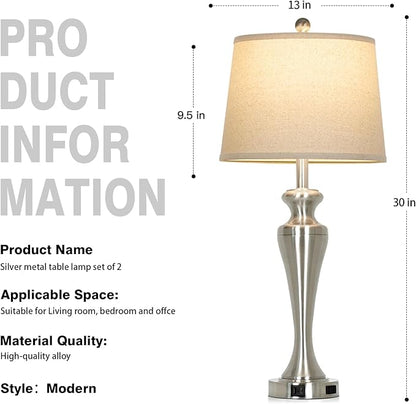 30" Silver Table Lamps Set of 2, 3-Way Dimmable Touch Bedside Lamp with USB A+C Ports and AC Outlet, Tall Living Room Lamps for Side Table, Modern Brushed Nickel Bedroom Lamp for Nightstand