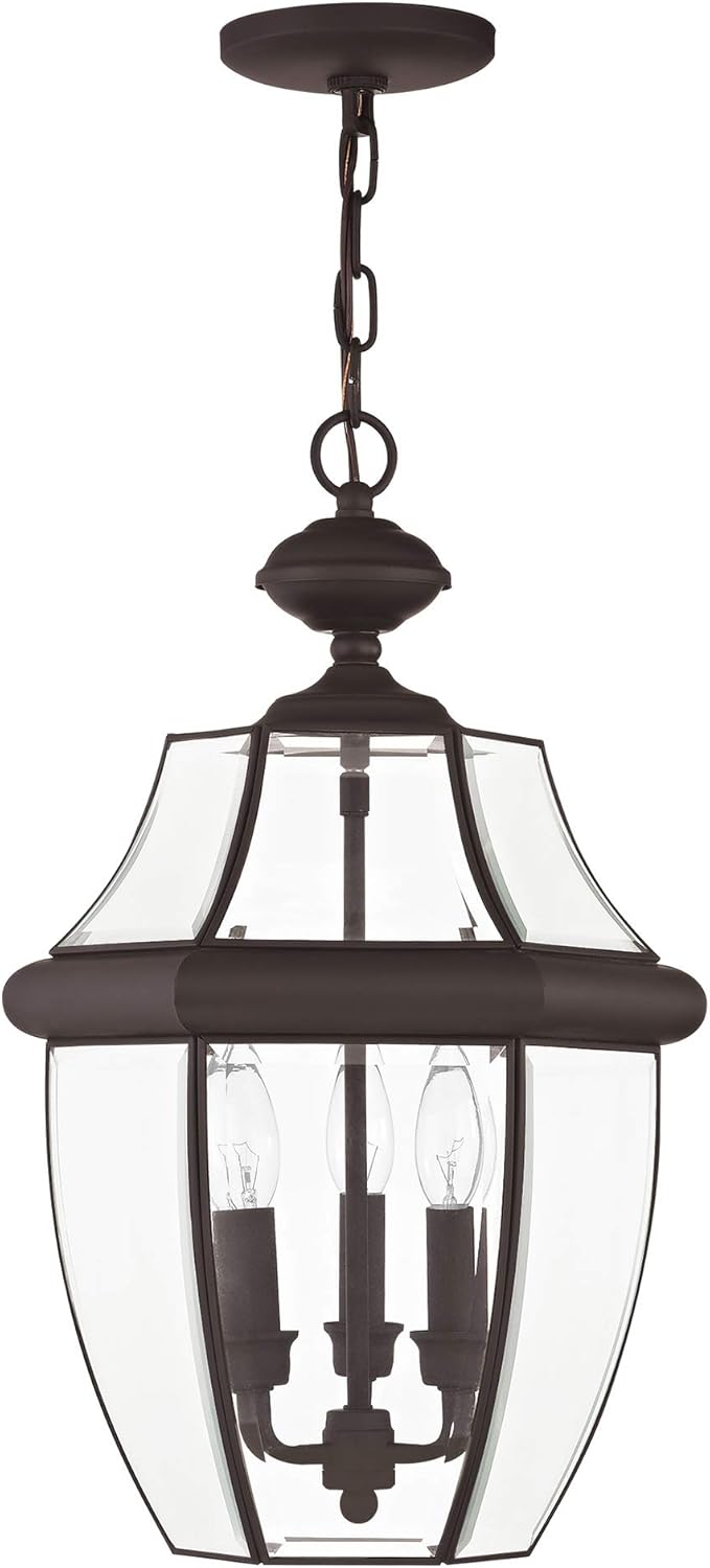 Livex Lighting 2355-07 Monterey 3 Light Outdoor Bronze Finish Solid Brass Hanging Lantern with Clear Beveled Glass
