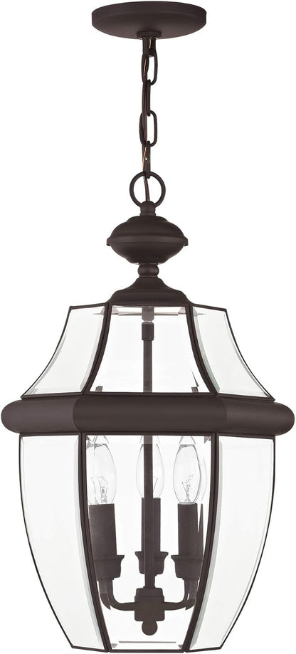Livex Lighting 2355-07 Monterey 3 Light Outdoor Bronze Finish Solid Brass Hanging Lantern with Clear Beveled Glass