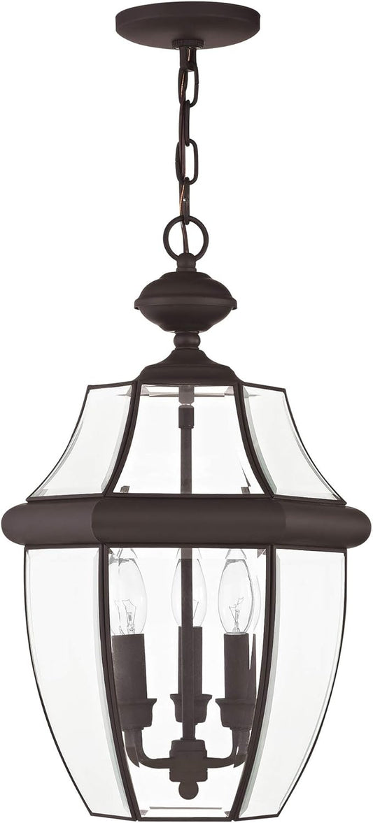 Livex Lighting 2355-07 Monterey 3 Light Outdoor Bronze Finish Solid Brass Hanging Lantern with Clear Beveled Glass