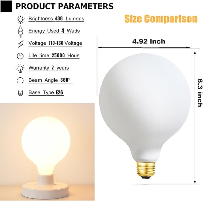 Leools G40 LED Light Bulb 3000K Soft White 4W Dimmable Flick-Free Matt White CRI95 438LM, 40W Equivalent Vintage LED Edison Globe Light Bulb,E26 Standard Base,1Pack