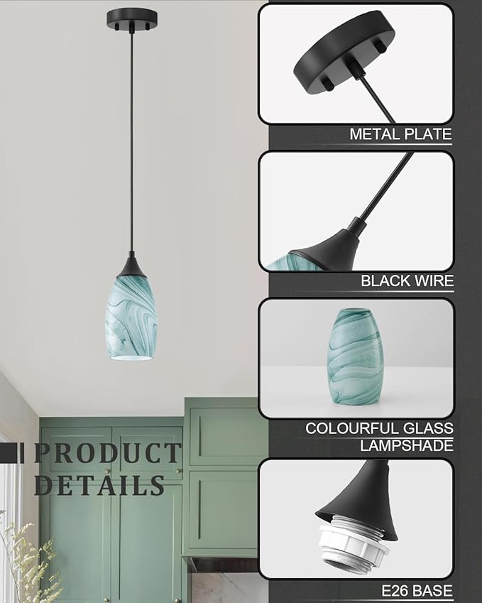ANYLOVE Vintage Art White-Green Stripe Pendant Lighting,1-Pack Hand Glass Hanging Light Fixture,Adjustable Cord for Kitchen,Hallway,Dining Room