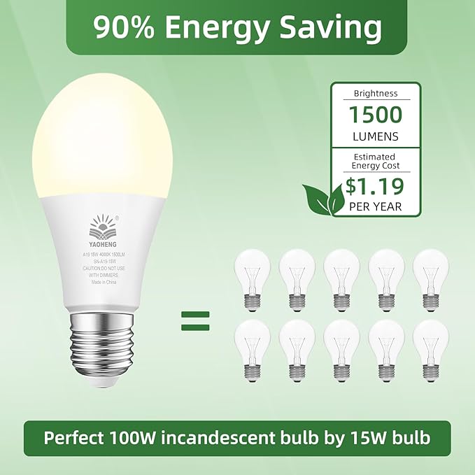 A19 LED Light Bulb, 100 Watt Equivalent LED Bulbs, 4000K Neutral White, 1500 Lumens, Standard E26 Base, Non-Dimmable, 15W Super Bright Light Bulbs for Home, Office Lamp, ETL Listed(20-Pack)