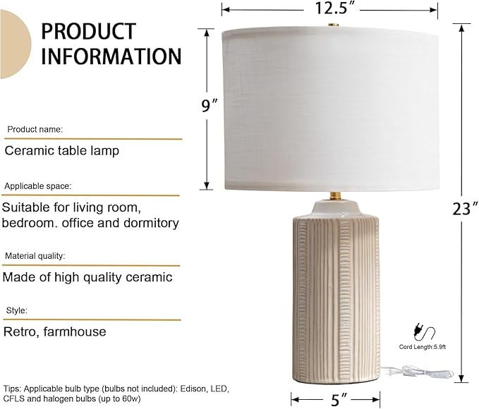 23" Ceramic Table Lamps Set of Two, White Ceramic Desk Lamps for Living Room, Farmhouse Bedside Lamps for Bedroom Decor, Beige Nightstand End Table Lamps