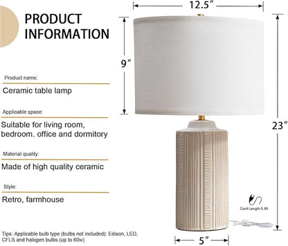 23" Ceramic Table Lamps Set of Two, White Ceramic Desk Lamps for Living Room, Farmhouse Bedside Lamps for Bedroom Decor, Beige Nightstand End Table Lamps