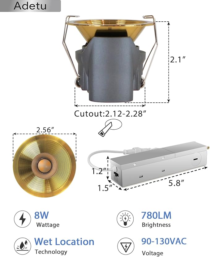 Adetu 2 Inch 5CCT White LED Recessed Ceiling Light with Junction Box, 2700K/3000K/4000K/5000K Selectable, CRI90, 8W COB, 780LM, Dimmable Canless IP65 Waterproof Downlight-ETL&FCC (Gold, 1 Pack)