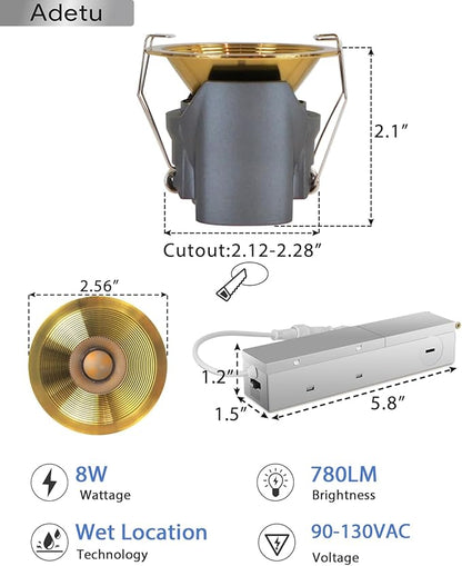 Adetu 2 Inch 5CCT White LED Recessed Ceiling Light with Junction Box, 2700K/3000K/4000K/5000K Selectable, CRI90, 8W COB, 780LM, Dimmable Canless IP65 Waterproof Downlight-ETL&FCC (Gold, 1 Pack)
