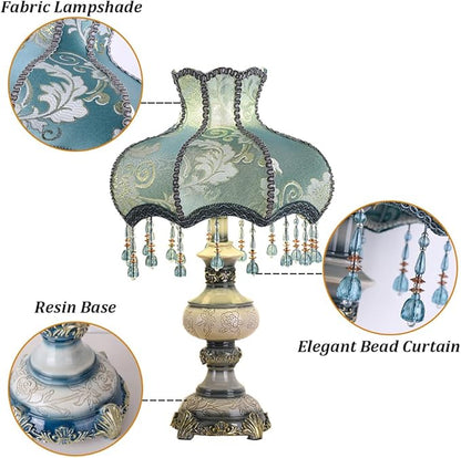 Victorian Style Blue Table Lamp, Flower Decorative Bedside Desk Lamp with Bead Curtain, Resin Base, Elegant Night Light for Bedroom Nightstand
