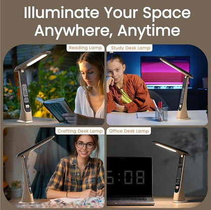 WILIT Rechargeable Lamps Cordless Table Lamp, Foldable Portable Desk Lamp, Battery Operated Lights with Stepless Brightness&Time Display for Home Office, Book Lights, Desk Accesories, Tea White