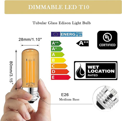3.2 Inch 2200K Amber White E26 LED Bulb 60 Watt Equal, AC 120V 600LM Edison Bulbs Dimmable, 6W T10 T30 Tubular Filament Light Bulbs Glass for Fan Pendant Wall Light, UL Listed-4 Pack