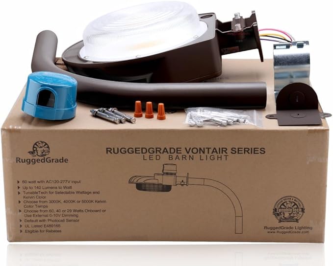 RuggedGrade 60W - Vontair Series - LED Barn Style Light with Arm Mount + Photocell - 9,000 Lumens - Color Selectable 3000K/4000K/5000K - Brown Housing - Outdoor Light - DLC 5.1 Premium