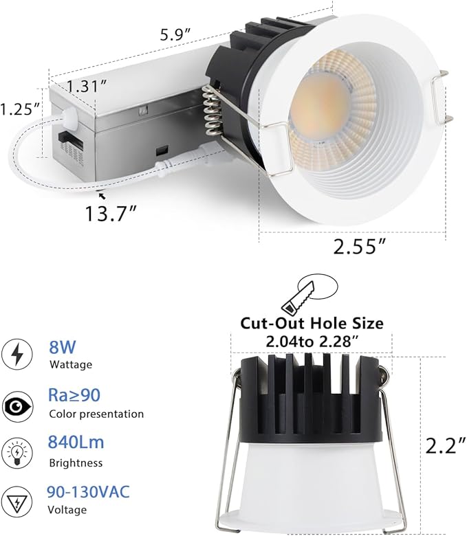 Adetu 2 Inch 5CCT Anti-Glare LED Downlight with Junction Box, 2700K/3000K/4000K/5000K Selectable, CRI90+, 8W COB, 840LM, IP65 Waterproof, Dimmable-ETL and Energy Star Certified (White,1 Pack)