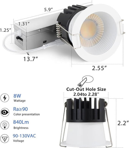 Adetu 2 Inch 5CCT Anti-Glare LED Downlight with Junction Box, 2700K/3000K/4000K/5000K Selectable, CRI90+, 8W COB, 840LM, IP65 Waterproof, Dimmable-ETL and Energy Star Certified (White,1 Pack)