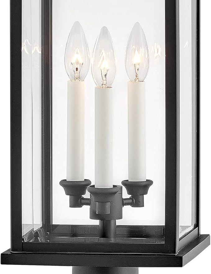Hinkley Weymouth Large Post Top or Pier Mount Outdoor Lantern - Estate Series, 3-Light, Aluminum, Candle Sleeves, Rectangular, Clear Beveled Glass - Black Finish