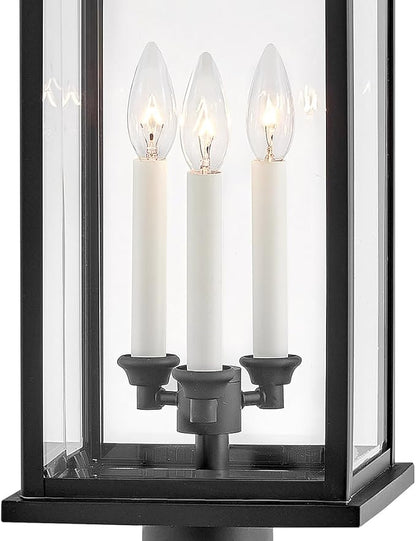 Hinkley Weymouth Large Post Top or Pier Mount Outdoor Lantern - Estate Series, 3-Light, Aluminum, Candle Sleeves, Rectangular, Clear Beveled Glass - Black Finish