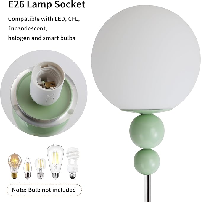 Modern Glass Floor Lamp for Bedroom, 63'' Vintage Mid-Century Floor Lamp with Milky White Frosted Glass Globe Shade for Living Room Corner, Slim Standing Reading Lamp for Office Decor (Pastel Green)
