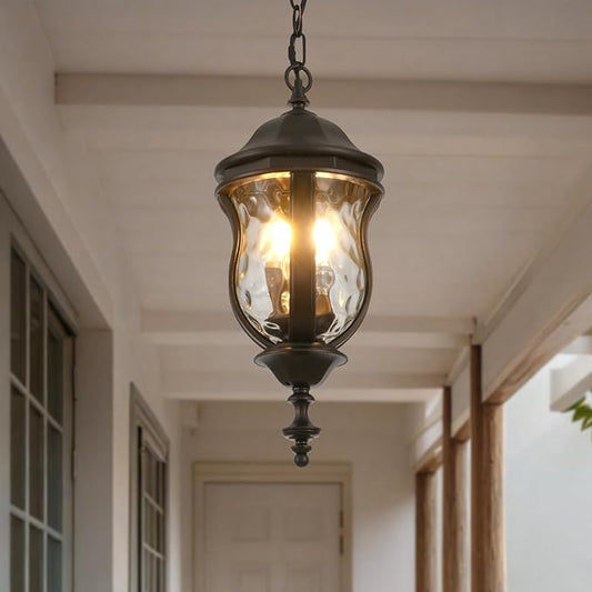 Large Outdoor Pendant Light Fixtures, 19.1'' Exterior Hanging Lantern Porch Light Adjustable, Brown Hanging Lamp Farmhouse Exterior Chandelier Ceiling Mount for Entrance Patio