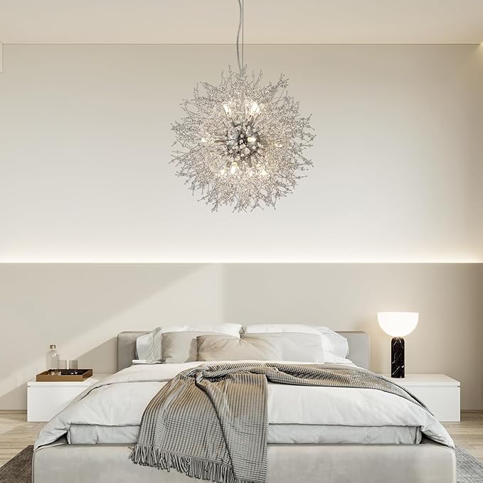 Firework Modern Chandeliers, 12 Lights Crystal Sputnik Chandeliers for Entryway, Dandelion Chandelier Chrome Ceiling Light Fixture for Hallway, Living Room