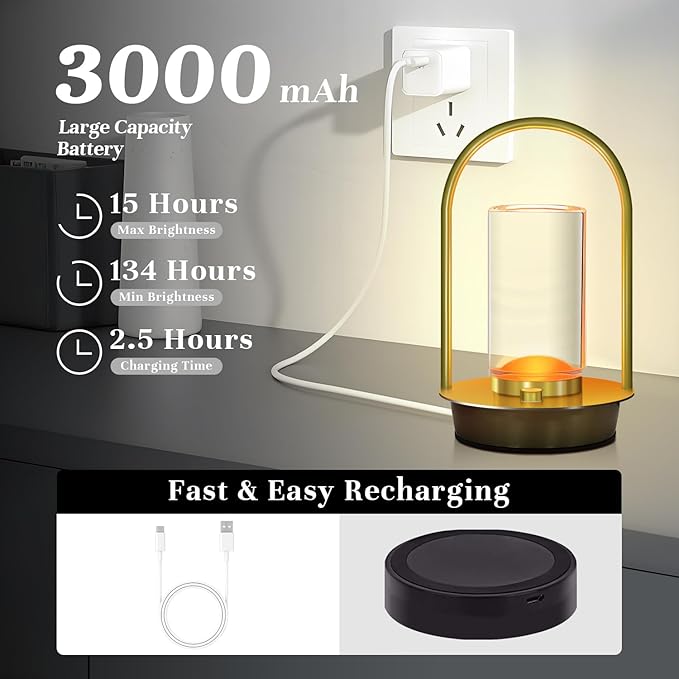 Portable Metal Table Lamp for Outdoor Indoor 3 Colors Cordless Table Lamp Rechargeable Dimmable Battery Powered Small Desk Lamps Crystal Lantern Lamps for Patio Bedroom Restaurant Bar Camping(Gold)
