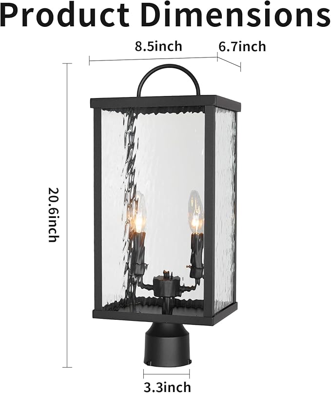 Outdoor Post Light Fixture, Modern Black Pole Lantern with Water Ripple Glass, Farmhouse Exterior Post Cap Lamp with E12 Sockets for Garden, Pathway, Courtyard, Patio, Porch, Driveway, Street