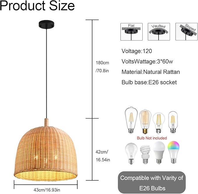 3-Light Rattan Pendant Light,17.7" Boho Pendant Light Wicker Hanging Light,Hand-Woven Rattan Chandelier for Dining Living Bedroom Kitchen Farmhouse