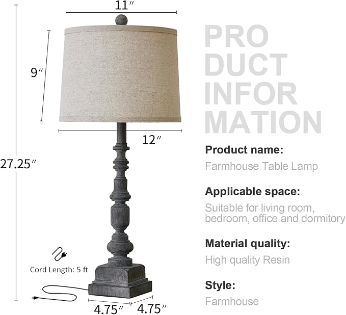 Oneach 27.75" Farmhouse Table Lamps Set of 2, USB A+C, Rustic Tall Table Lamp for Living Room, Traditional Rustic Lamps Bedside Lamps for Bedroom Office End Table, Antique Grey