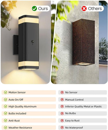 RAYVO Motion Sensor Outdoor Lights, Modern Dusk to Dawn Exterior Up and Down Sconce with Black Finish, Waterproof Wall Mount Lighting for Porch Garage, Bulbs Included