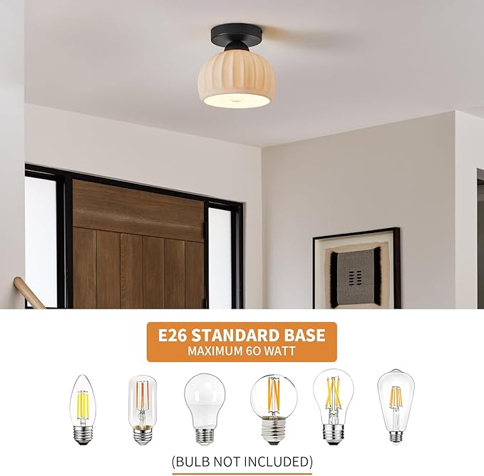 2 Pack Ceramic Semi Flush Mount Ceiling Light,Vintage Black Hallway Light Fixtures, White Globe Ceiling Lights,Mid Century Small Chandelier Light Fixture for Cottage Entryway Laundry Room Kitchen