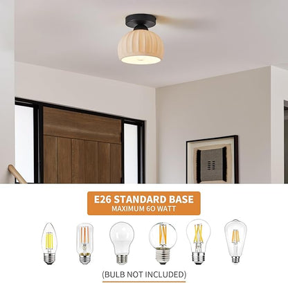2 Pack Ceramic Semi Flush Mount Ceiling Light,Vintage Black Hallway Light Fixtures, White Globe Ceiling Lights,Mid Century Small Chandelier Light Fixture for Cottage Entryway Laundry Room Kitchen