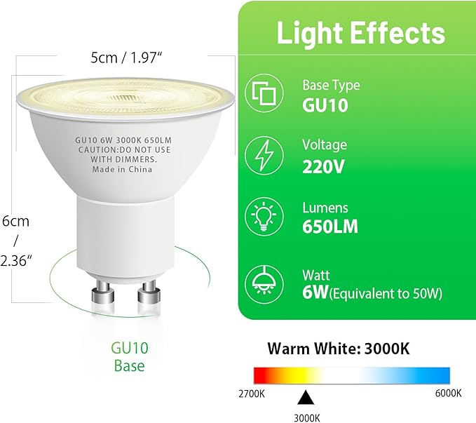 GU10 Led Bulb 6W Equivalent 50W, MR16 Led Bulb 3000K Soft White Light Bulbs, 650 Lumens, Non-Dimmable, GU10 Base, 2 Prong Track Energy Saving Light Bulbs for Kitchen, Living Room, Bedroom, 20 Pack