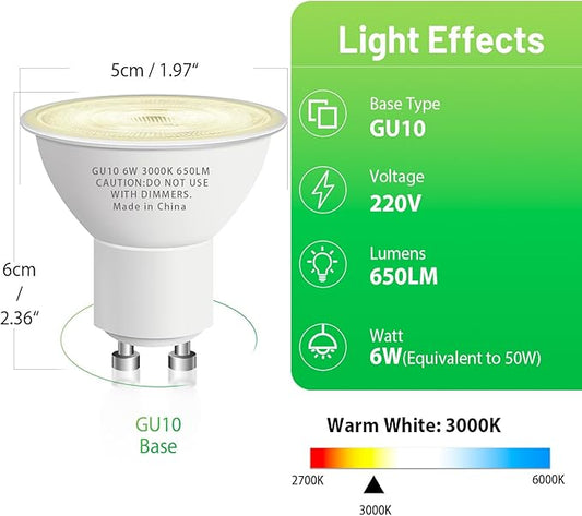 GU10 Led Bulb 6W Equivalent 50W, MR16 Led Bulb 3000K Soft White Light Bulbs, 650 Lumens, Non-Dimmable, GU10 Base, 2 Prong Track Energy Saving Light Bulbs for Kitchen, Living Room, Bedroom, 20 Pack