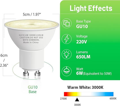 GU10 Led Bulb 6W Equivalent 50W, MR16 Led Bulb 3000K Soft White Light Bulbs, 650 Lumens, Non-Dimmable, GU10 Base, 2 Prong Track Energy Saving Light Bulbs for Kitchen, Living Room, Bedroom, 10 Pack