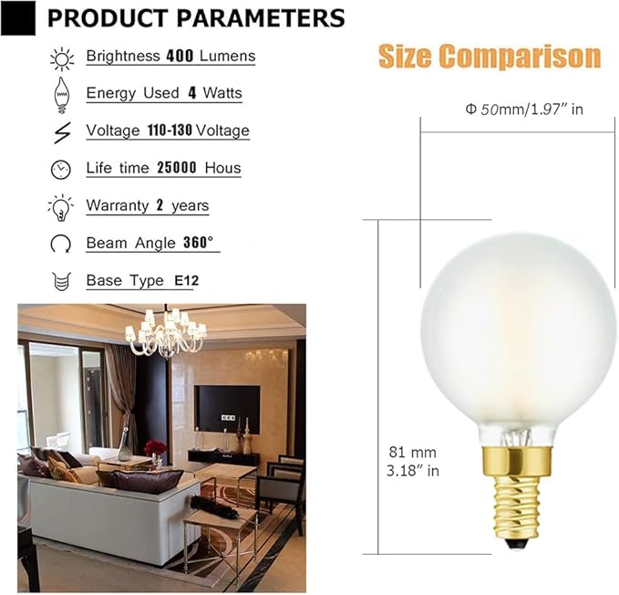 Leools E12 Frosted LED Bulbs, 40W Candelabra Dimmable Chandelier Light Bulbs 2700K Warm White G16.5 4W E12 g50 Vintage Globe LED Filament Edison Candle Bulb with Decorative 6Pack