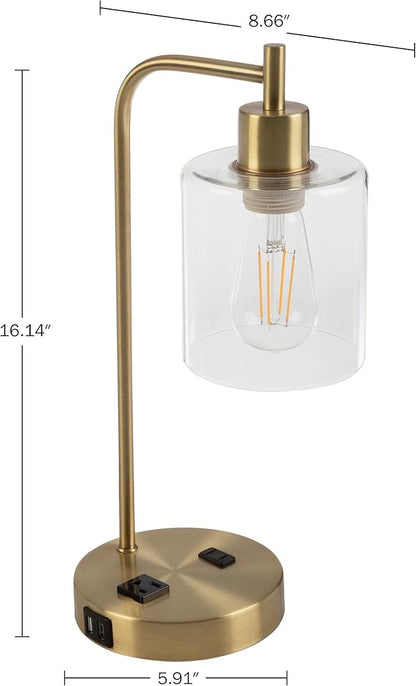 Lavish Home Set of 2 Table Lamps - Industrial Lamps with USB Ports, Touch Control, and Edison Bulb - Living Room, Office, or Bedroom Decor (Gold)