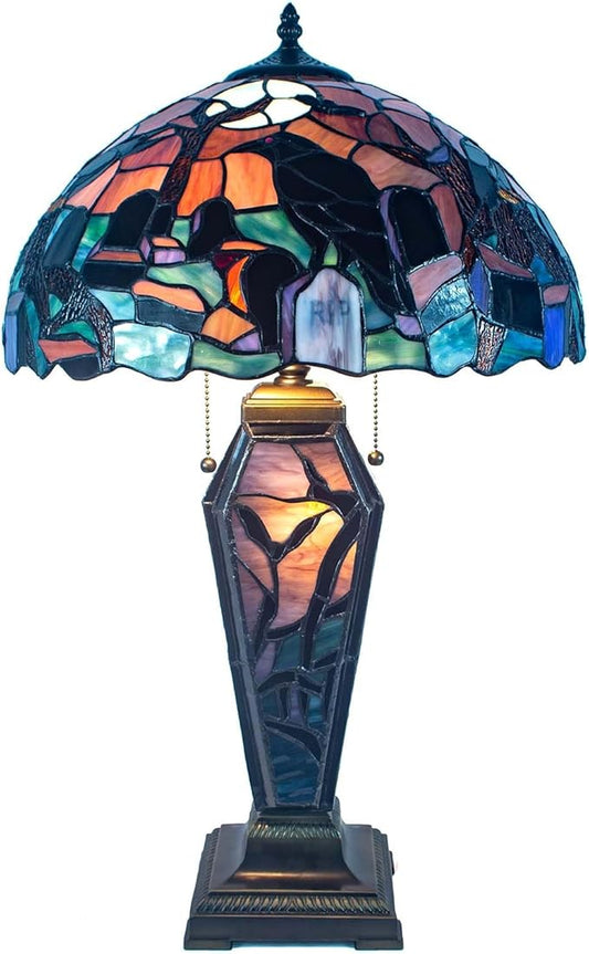Bieye L10987 Ravens in Spooky Cemetery Tiffany-Style Stained Glass Table Lamp with Coffin Base Night Light - Gothic Graveyard Scene (Dark Orange, 16Wx26H inch)